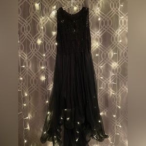 Candalite Sleeveless black Peephole Lace Top Tulle Bottom Asymmetrical Dress